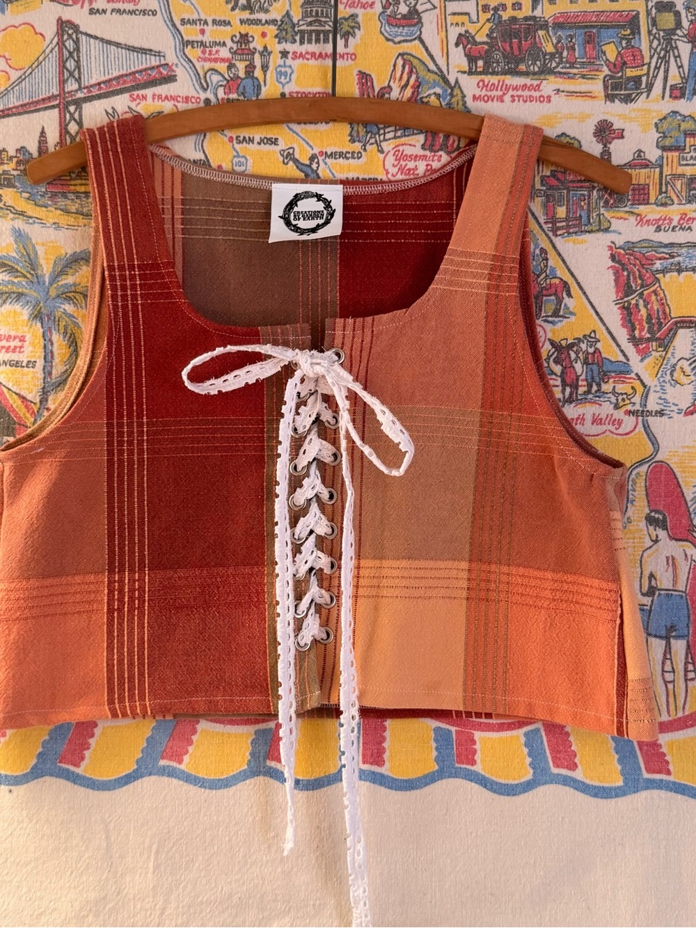Handmade lace up -Front Plaid Crop Top in Rust and Peach - Picture 2 of 5